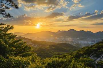 Photo sunrise of bukhansan mountain in seoul city scape