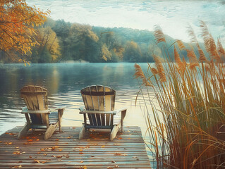 Cozy chairs nestled on a secluded lake dock surrounded by whispering reeds an escape into nature's comfort - obrazy, fototapety, plakaty