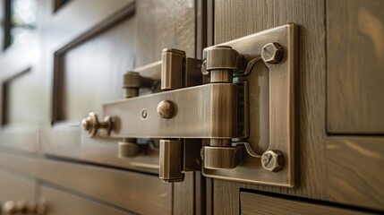 A close-up on an innovative and inspired brushed brass cabinet latch, emphasizing unique design ideas for enhancing security in style