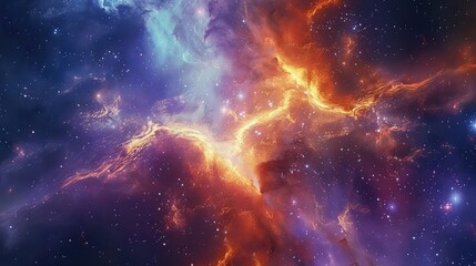 An otherworldly view of a colorful nebula stretching across light-years of space, with swirling clouds of gas and dust illuminated by the light of newborn stars.