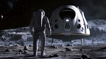 Astronaut on the moon approaching a lunar lander, space exploration concept. - obrazy, fototapety, plakaty