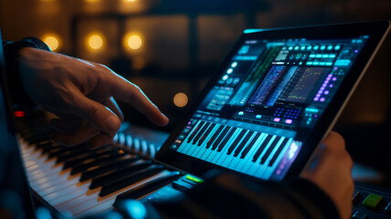 Musician using a tablet to control a digital audio workstation on a keyboard for music production.