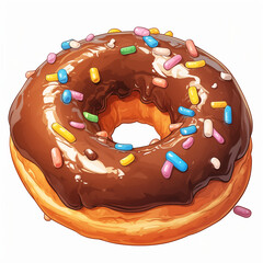 Illustration of a chocolate donut with colorful sprinkles on a white background, Digital painting style