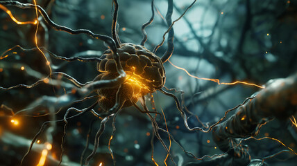 Neurons in the brain actively firing, symbolizing neural activity and cognitive processes. - obrazy, fototapety, plakaty