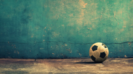 Old soccer ball on a dusty ground against a cracked, weathered wall. - obrazy, fototapety, plakaty