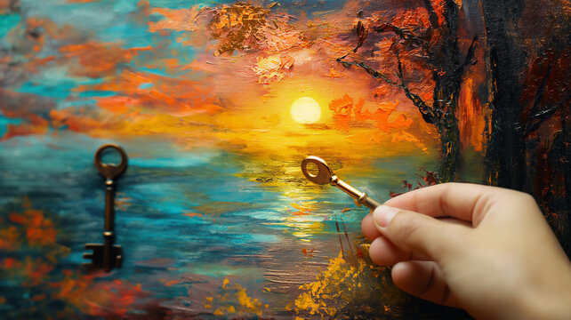Hand holding a key in front of a vibrant, textured painting of a sunset landscape.