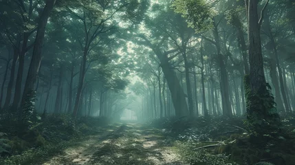 Afwasbaar Fotobehang Bosweg An enchanting forest scene blanketed in mist, with towering trees reaching towards the sky and mysterious pathways leading into the unknown.