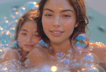 A woman and a child are in a bathtub filled with bubbles