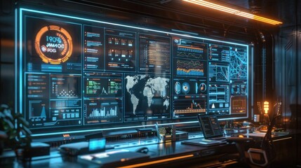 Obraz premium A futuristic workspace with transparent screens displaying real-time analytics and statistics