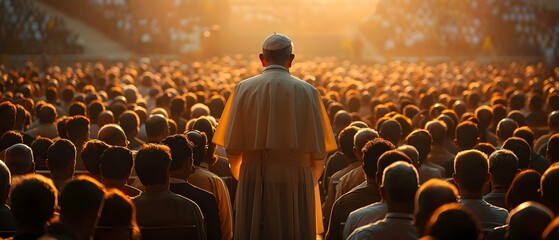 Pope addressing a large crowd from the stage. Concept Religious leader, Public speaking, Crowd engagement, Stage presence, Inspirational speech - obrazy, fototapety, plakaty