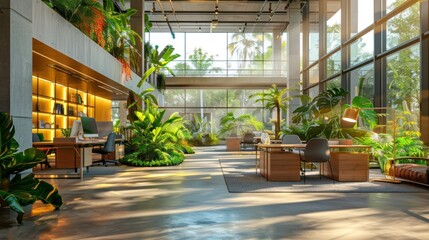 A modern office space filled with natural light and vibrant greenery, promoting productivity and well-being