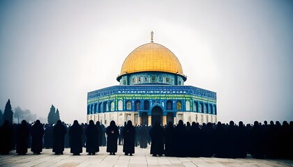 Obraz premium Eid Celebration in Palestine Masjid Aqsa, A large crowd of people of various ages with palestine flag and Middle Eastern ethnicity in front of the Dome of the Rock, Asian ethnicit