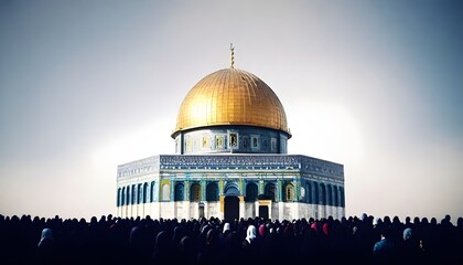 Obraz premium Eid Celebration in Palestine Masjid Aqsa, A large crowd of people of various ages with palestine flag and Middle Eastern ethnicity in front of the Dome of the Rock, Asian ethnicit
