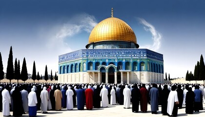 Eid Celebration in Palestine Masjid Aqsa, A large crowd of people of various ages with palestine flag and Middle Eastern ethnicity in front of the Dome of the Rock, Asian ethnicit