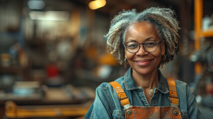 Fototapeta premium A woman with a smile on her face is wearing glasses and a blue apron