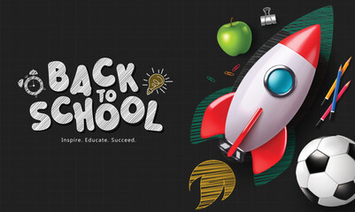 Back to school text vector template design. Back to school greeting with paper cut rocket ship and space ship educational elements in black grid background. Vector illustration school greeting 