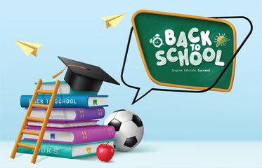Back to school books vector design. Back to school greeting text in chalk board with learning books, ladder, graduation cap elements for educational success concept. Vector illustration school 