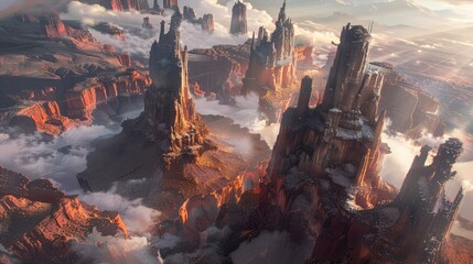 An otherworldly landscape of towering rock formations and winding canyons, with shafts of light breaking through the clouds to illuminate the rugged terrain.