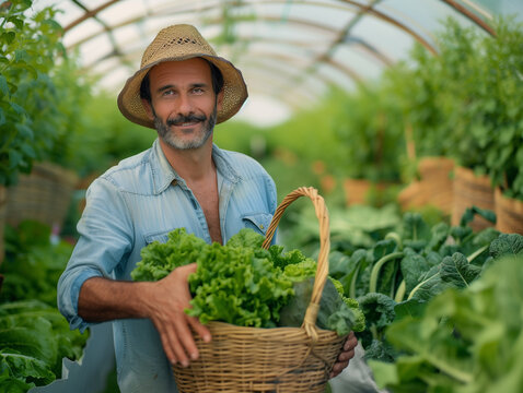 A farmer in greenhouse brings a basket of vegetablea