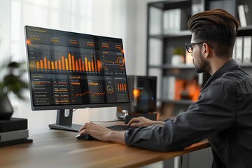Financial Businessman Working Home Computer Desk Economic Investment Stock Market Data Graph