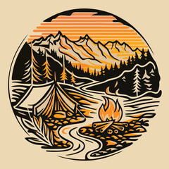 
monoline illustration of a serene mountain morning camping scene for various printing applications, such as t-shirts, stickers, or any other merchandise