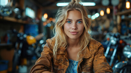 Fototapeta premium A woman with blonde hair and blue eyes is sitting in a room with motorcycles