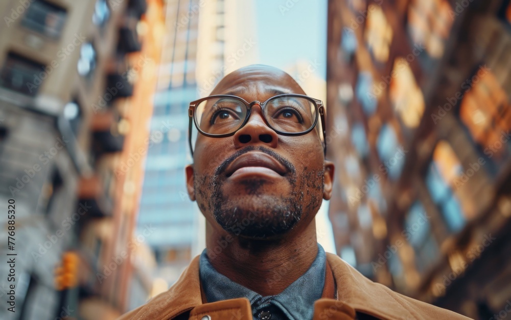 Wall mural a man wearing glasses is standing in a city street. he is looking up at the sky. the scene is urban 