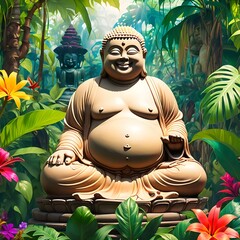 smiling buddha statue in a fresh wild green tropical garden, asian spirit nature background for wallpaper decoration for travel wellness relaxation and work-life-balance