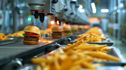 Hamburgers factory. Mass automated conveyor food production