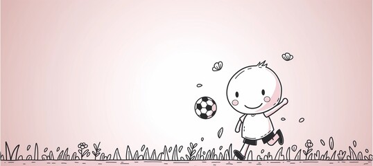 A simple line drawing of a young child playing soccer on a light pink background. - obrazy, fototapety, plakaty