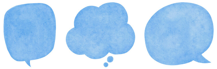 A set of hand-drawn three blue watercolor speech bubbles is presented on a transparent background, ideal for dialogues and design elements.