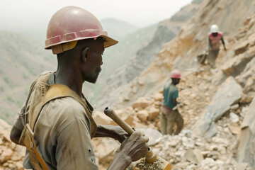 Gemstone mining techniques: Miners in remote locations, equipped with traditional tools, searching for elusive gemstones in rugged terrain.
