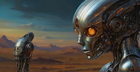 With sleek silver limbs and eyes that seem to pulsate with unseen energy, the sultry spellbinding droid mechanic gazes mysteriously at the viewer.