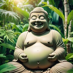 smiling buddha statue in a fresh wild green tropical garden, asian spirit nature background for wallpaper decoration for travel wellness relaxation and work-life-balance