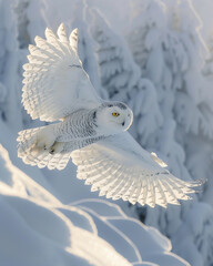 Snowy Owl, Arctic Guardian, a majestic bird overseeing a daring expedition across snow-covered terrain, guiding adventurers through the icy wilderness as they face unknown challenges and revel in newf