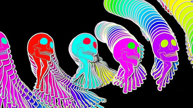 Seamless animation of a walking skulls cartoon style with echo effect. Funny rainbow Halloween background 