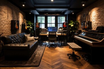 A recording studio concept, A recording studio with rustic wood and exposed brick aesthetic,...