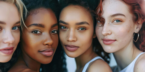 Obraz premium Four women with different skin tones and hair styles are posing for a picture