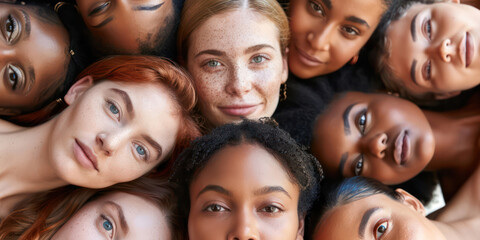 A group of women with different skin tones are standing close together - Powered by Adobe