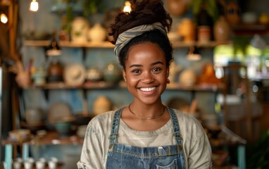 A woman with a smile on her face is standing in front of a store with a pottery display