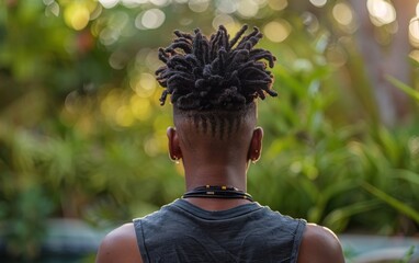 A man with dreadlocks has his hair cut in a short style. He is wearing a black shirt and a black necklace
