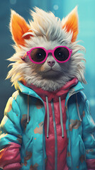 A cartoon cat wearing sunglasses and a blue jacket