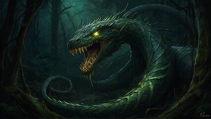 In the eerie depths of a haunted forest, a helical hunter emerges, its sinewy form coiling and uncoiling hypnotically.