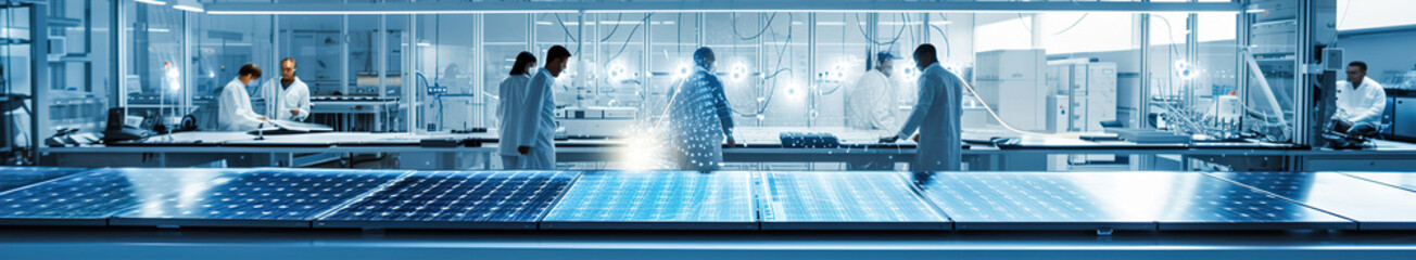 Fototapeta premium A sleek, futuristic solar panel prototype displayed in a high-tech lab, engineers brainstorming innovative sustainable energy solutions.