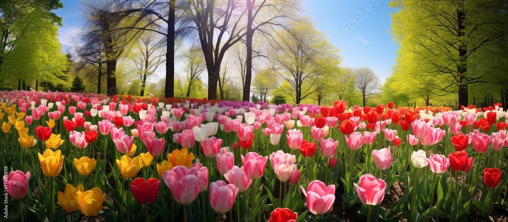 Poster Vibrant tulip flowers blooming in a field under the sun, with lush trees in the background creating a picturesque scene