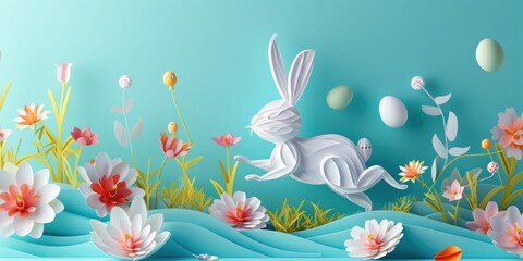 Fototapeta na wymiar A white rabbit is leaping through a colorful field of blooming flowers and eggs, surrounded by lush green grass and vibrant petals, creating a beautiful and whimsical scene AIG42E