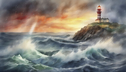Fototapeta na wymiar Watercolor painting of a lighthouse in the middle of the ocean.