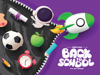Back to school text vector design. Welcome back to school greeting with education elements, items and materials in open zipper rocket ship concept. Vector illustration school greeting design. 
