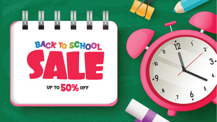 Back to school sale text vector template design. Back to school discount price offer in calendar notebook elements for educational items and supplies shopping time promotion. Vector illustration 