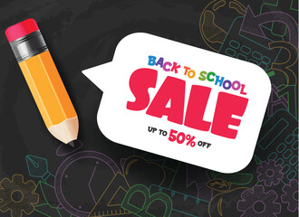 Back to school sale text vector banner. Back to school 50% discount price offer text with pencil elements in black board background. Vector illustration school sale flyers design. 
